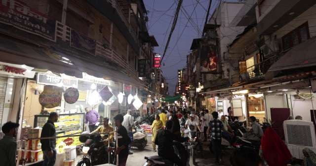 Bustling Evening Market Street in Sarafa Market, Indore, India