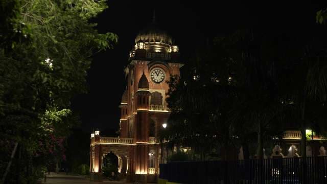 Illuminated University Town Hall at Night in Indore
