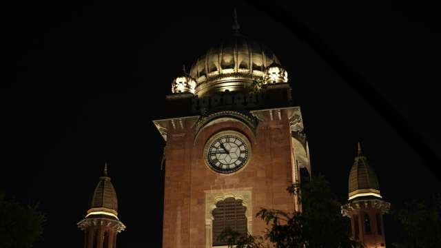 Illuminated Mahatma Gandhi Town Hall Tower at Night