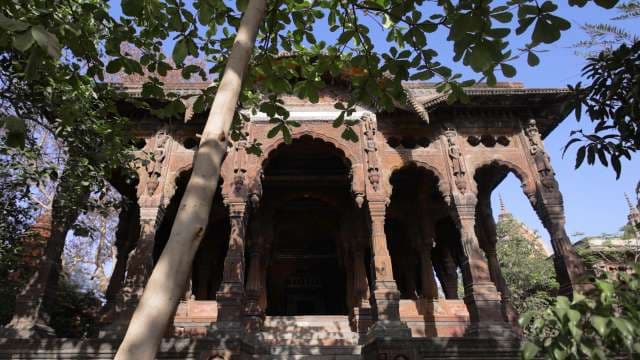 Historic Indian Pavilion with Intricate Carvings in Sunlight, Indore