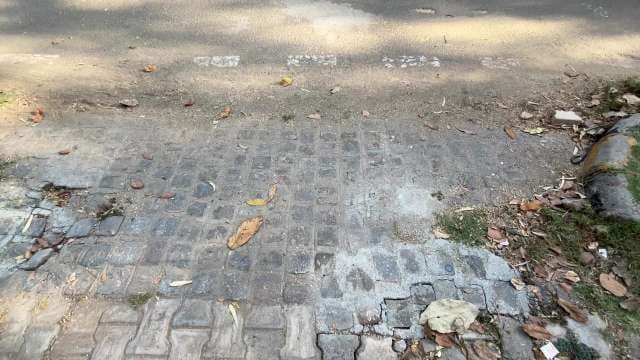 Damaged City Sidewalk With Broken Paving and Debris