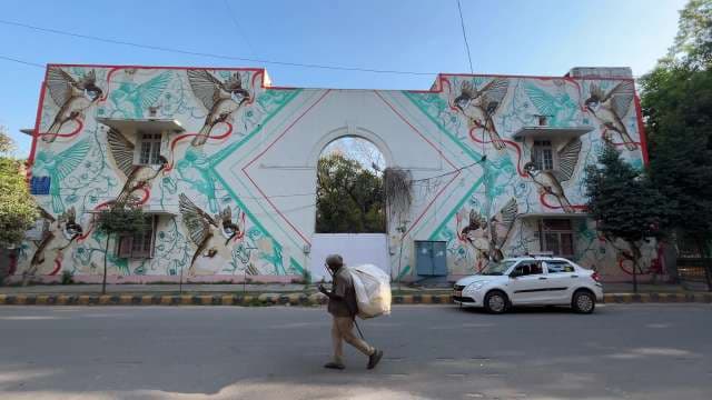 Striking Bird Mural Art on Delhi Street Building