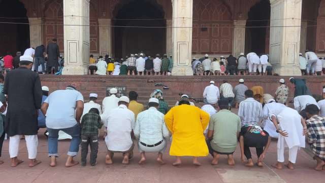 Muslim Worshippers Praying at Historic Jama Masjid Mosque