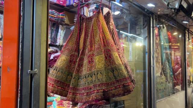 Traditional Embroidered Lehenga on Display in Indian Market