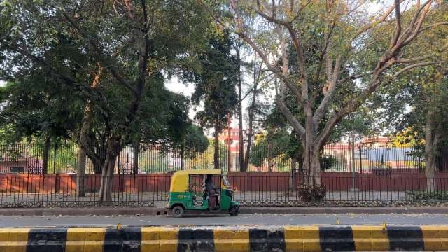 Auto Rickshaw Passing by Trees on Delhi Street