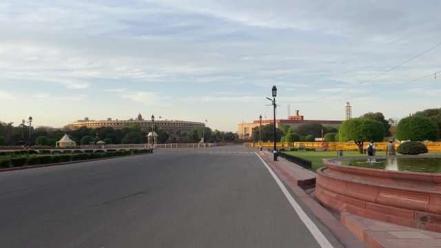 Parliament House and Central Vista in New Delhi at Sunrise