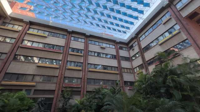 Modern Building Atrium With Glass Roof and Lush Plants