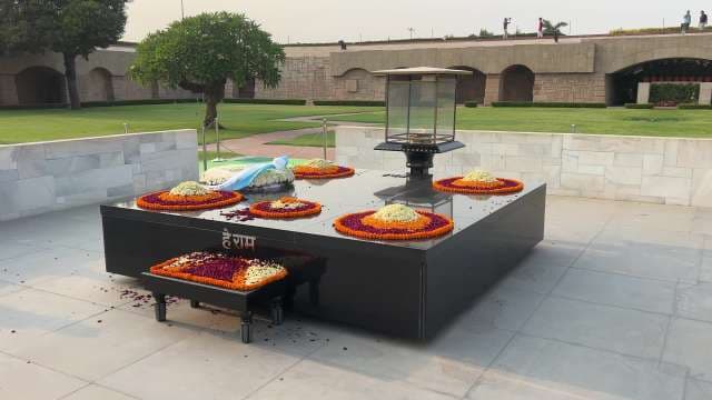 Gandhi's Memorial at Raj Ghat Decorated With Floral Tributes