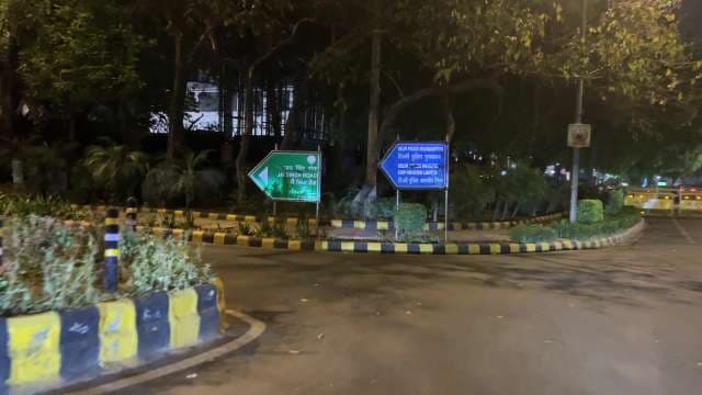 Night View of Jai Singh Road and Delhi Police HQ Signage