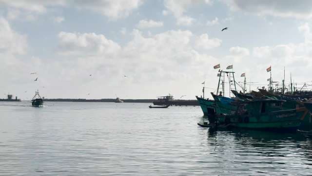 Fishing Boats Docked Along Indian Coast Under Cloudy Sky