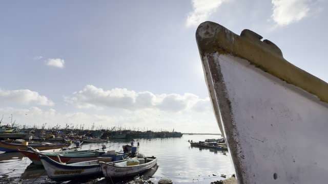 Fishing Boats Docked at Harbor Under Morning Sky