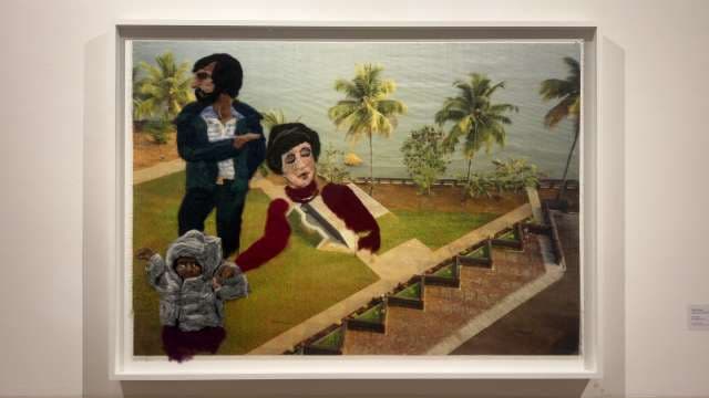 Contemporary Mixed Media Art With Figures Over Tropical Scene