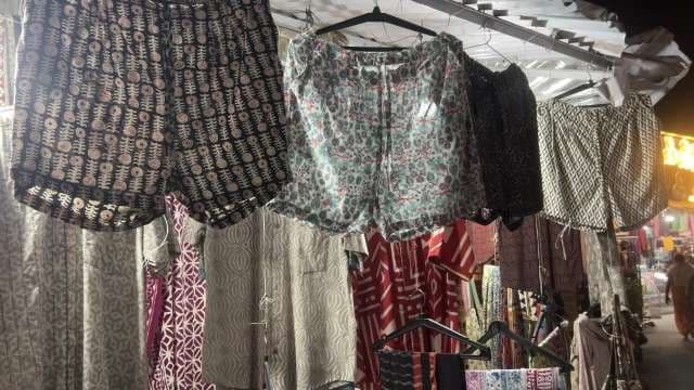 Colorful Printed Shorts on Display at Night Market