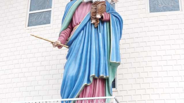 Colorful Outdoor Statue of Saint Holding Child Jesus