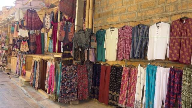 Colorful Traditional Clothing Market Stall in Jaisalmer