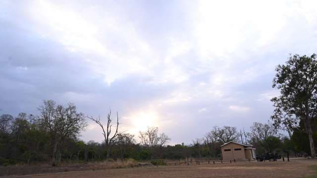 Serene Sunset Over Rustic Forest Landscape