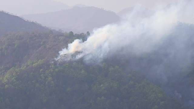 Wildfire Smoke Rising Over Mountain Forest Landscape