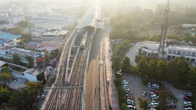 Aerial View of Modern Urban Metro Station at Sunrise