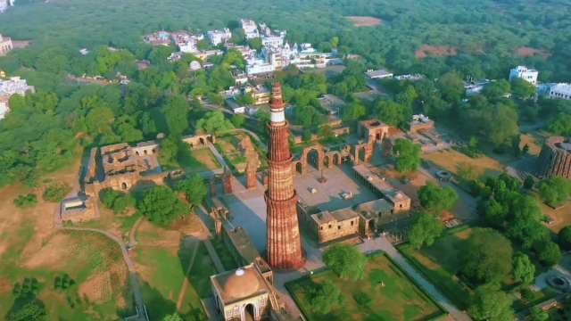 Aerial View of Qutub Minar and Historic Delhi Monuments