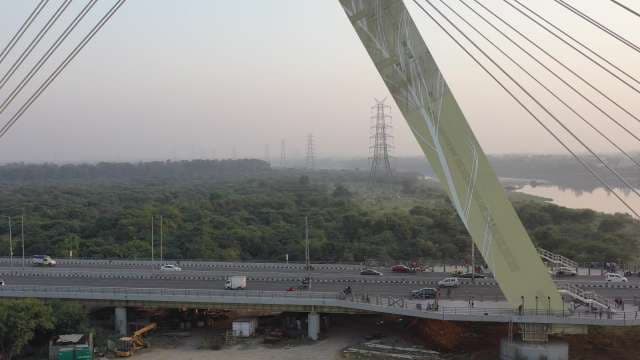 Stunning Aerial View of Modern Cable-Stayed Signature Bridge at Sunset In Delhi