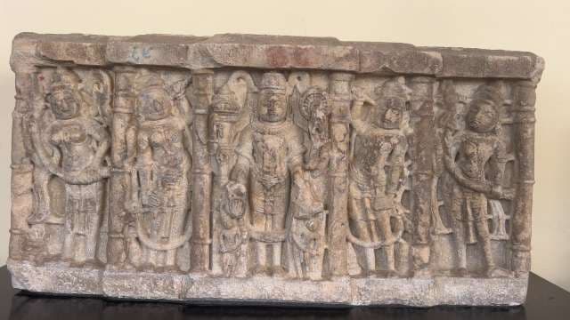 Ancient Indian Stone Sculpture With Carved Deities