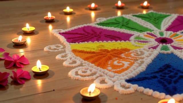 Colorful Diwali Rangoli Design With Diyas and Flowers AI Video