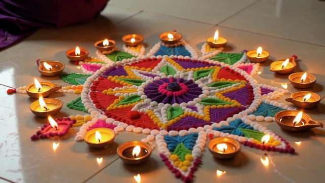 Vibrant Diwali Rangoli With Diyas Illuminates Festive Floor