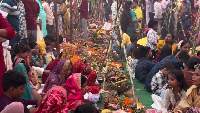 Chhath Puja Celebration: Devotees Worship Sun God at River Ghat