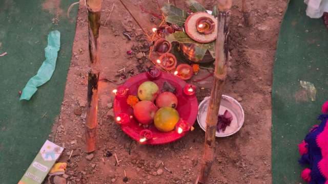 Traditional Indian Ritual With Fruits and Oil Lamps