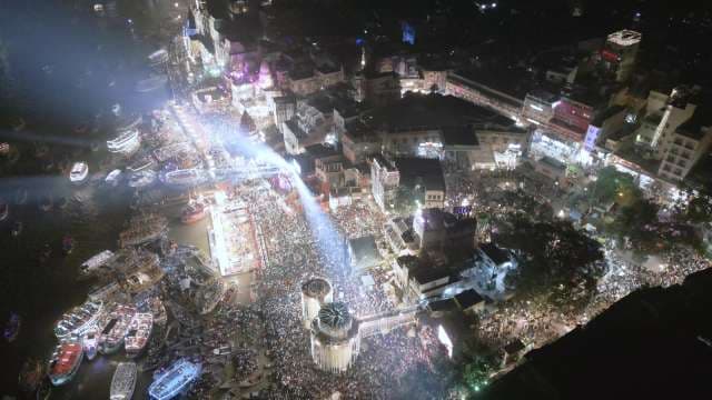 Varanasi Ghat Celebration: Aerial Night View of Sacred Riverside