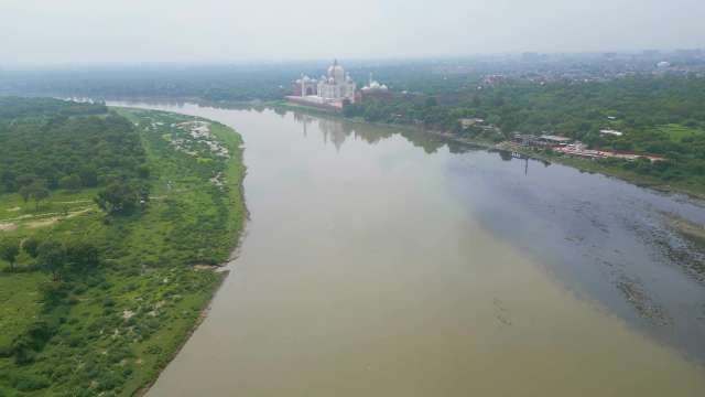 Taj Mahal Aerial View: Iconic Monument Along Yamuna River