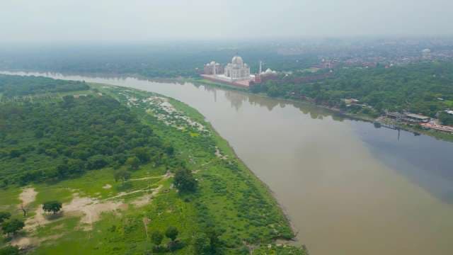 Taj Mahal Aerial View: India's Iconic Monument and River