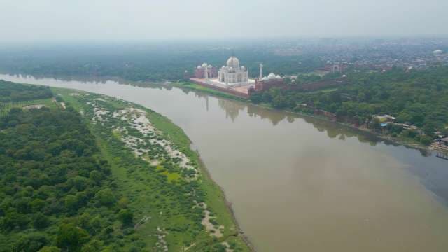 Taj Mahal Aerial View: Iconic Monument Along Yamuna River