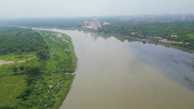Taj Mahal Aerial View: Iconic Monument Along Yamuna River