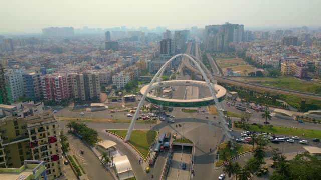 Futuristic Arch Monument Over Modern Urban Cityscape