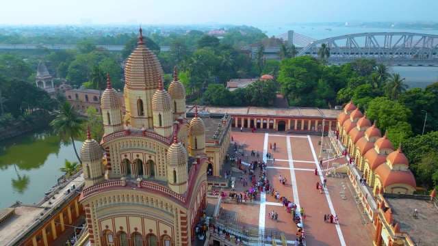 Aerial View of Sacred Temple Complex by the River