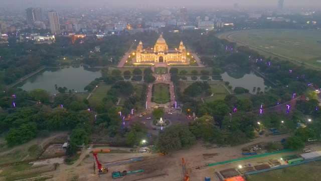 Stunning Aerial View of Victoria Memorial Illuminated at Night in Kolkata