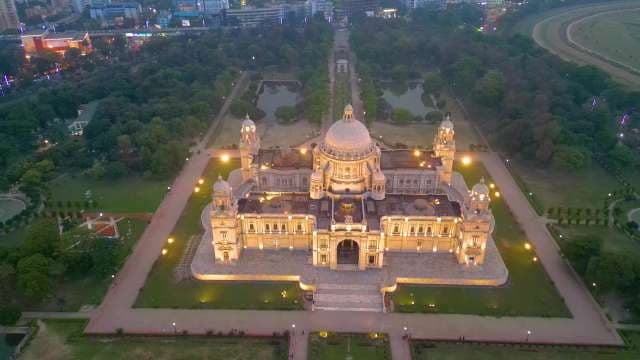 Aerial View of the Illuminated Victoria Memorial at Twilight in Kolkata