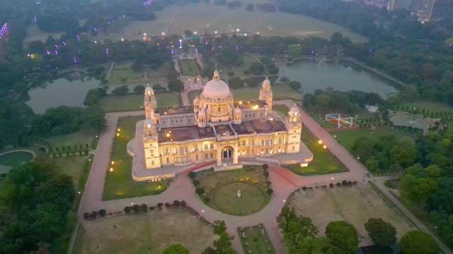 Majestic Aerial View of Victoria Memorial Hall in Kolkata at Twilight