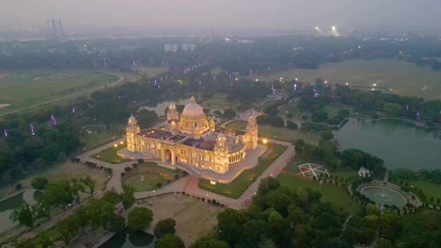 Stunning Night Aerial View of Victoria Memorial Hall in Kolkata India
