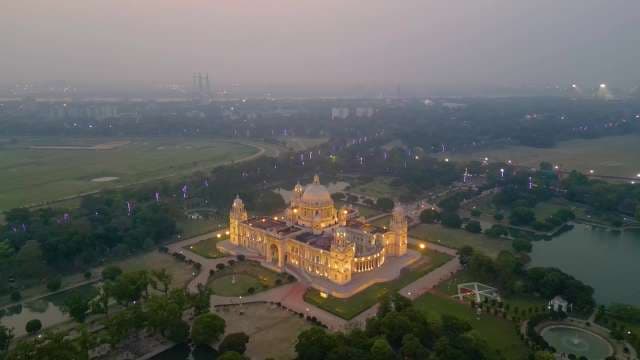 Stunning Aerial View of Illuminated Victoria Memorial Hall in Kolkata