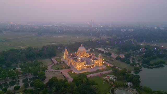 Aerial View of the Illuminated Victoria Memorial at Dusk in Kolkata