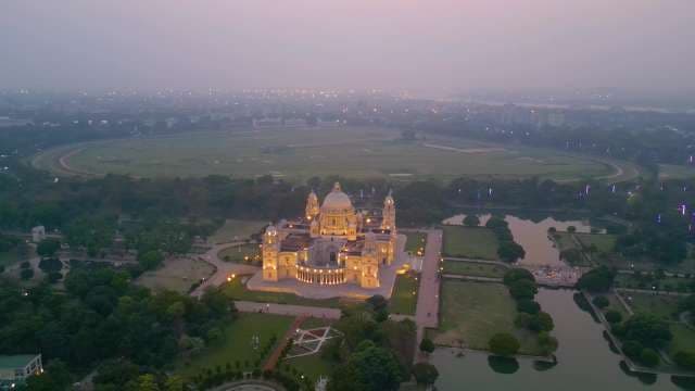 Majestic Aerial View of Illuminated Victoria Memorial at Twilight in Kolkata