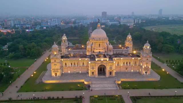 Majestic Aerial View of Victoria Memorial at Twilight in Kolkata