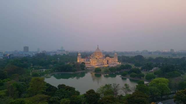 Aerial View of the Illuminated Victoria Memorial at Twilight in Kolkata