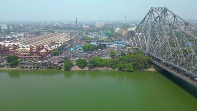Aerial View of Howrah Bridge and Railway Station in Kolkata India