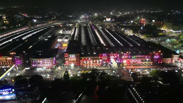 Aerial View of the Illuminated Howrah Railway Station at Night