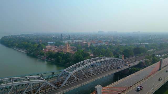 Panoramic Aerial View of Nivedita Setu and Dakshineswar Temple in Kolkata