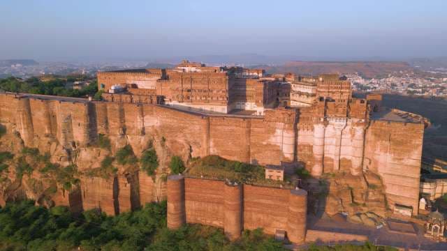 Majestic Mehrangarh Fort Overview During Golden Hour in Jodhpur India
