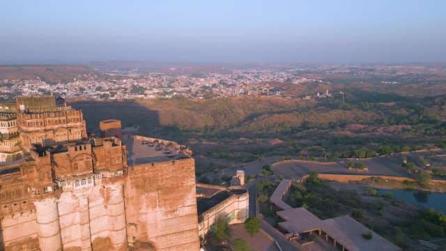 Majestic Aerial View of Mehrangarh Fort at Golden Hour in Jodhpur